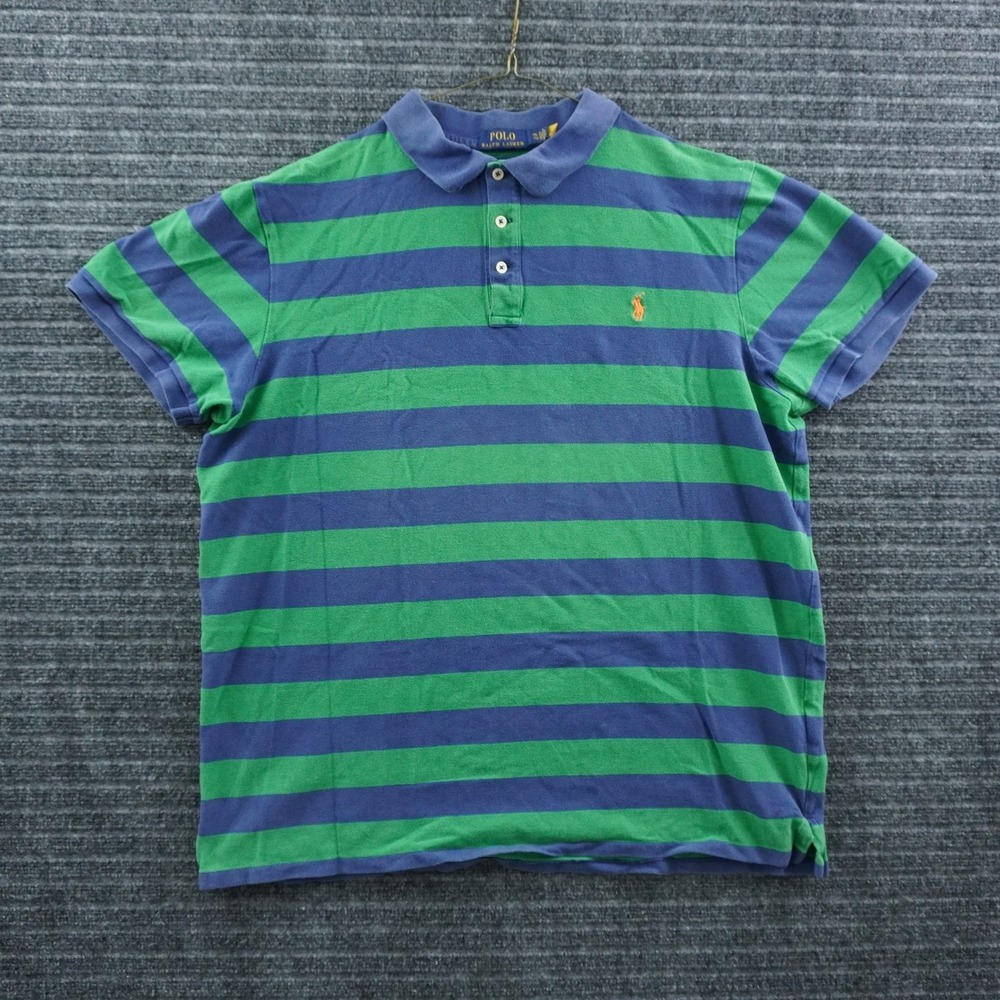 Polo Ralph Lauren‎ Polo Shirt Mens XXL Green Blue Striped Custom Slim Fit Pony
